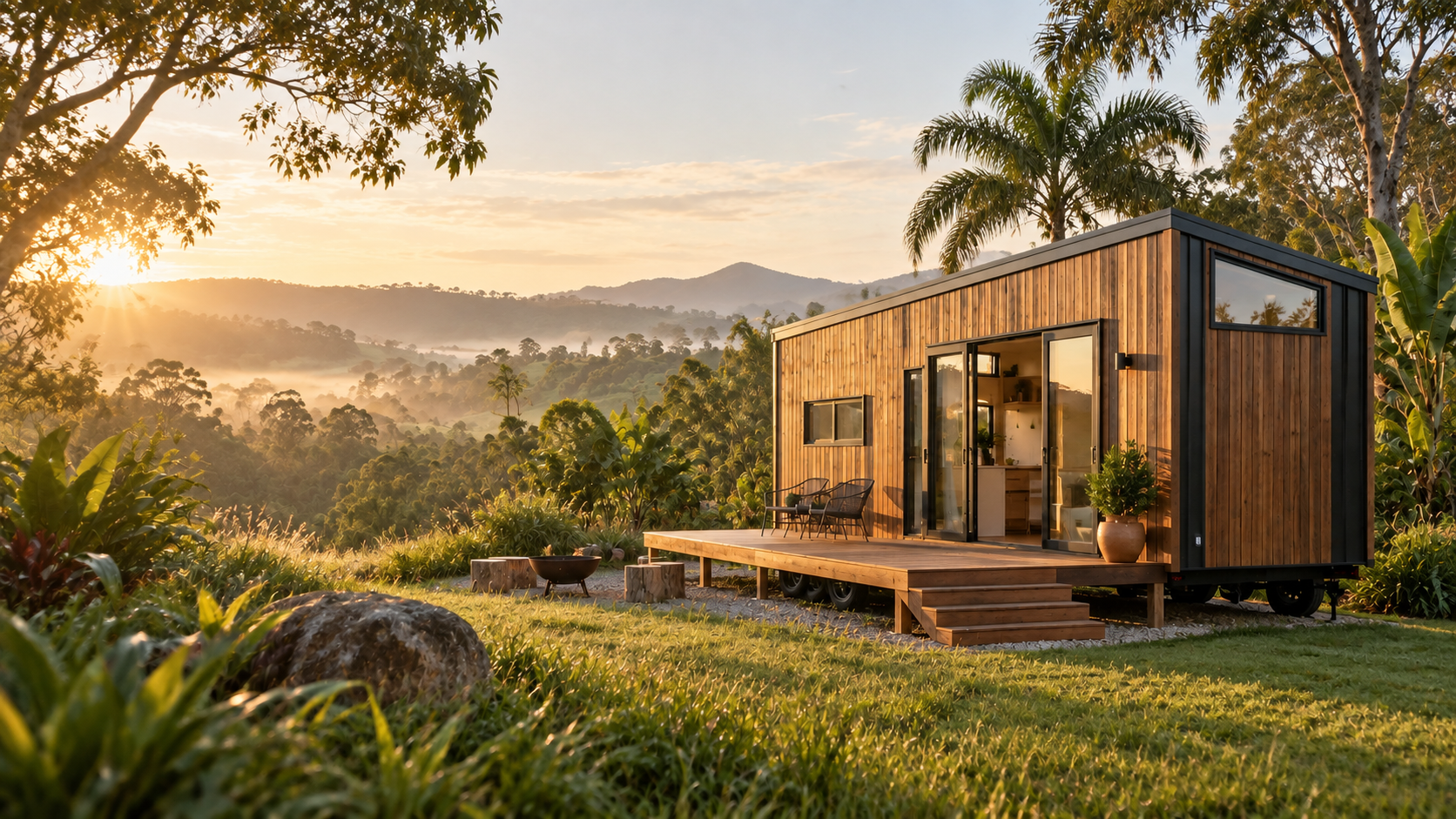 A timber tiny home among the green hills of the Northern Rivers hinterland